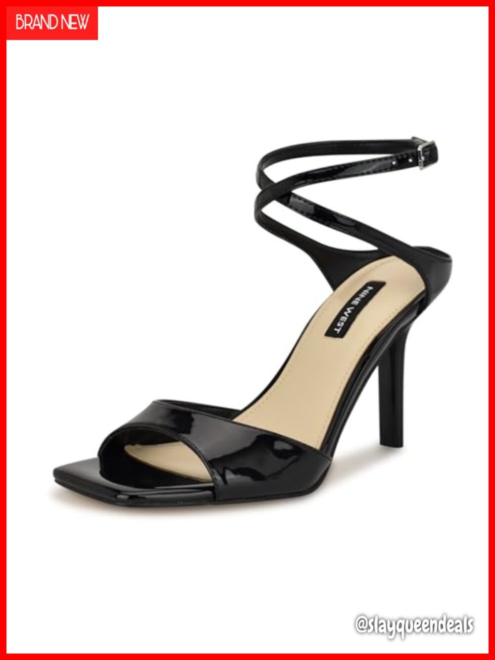 Faux Patent Leather Square Toe Ankle Strap Stiletto Heeled Sandals